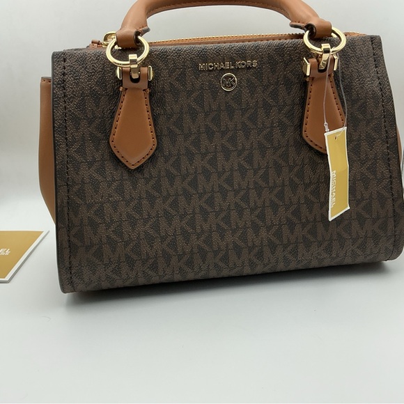 Michael Kors Marilyn Small Satchel Crossbody Brown Acorn MK Signature NWT